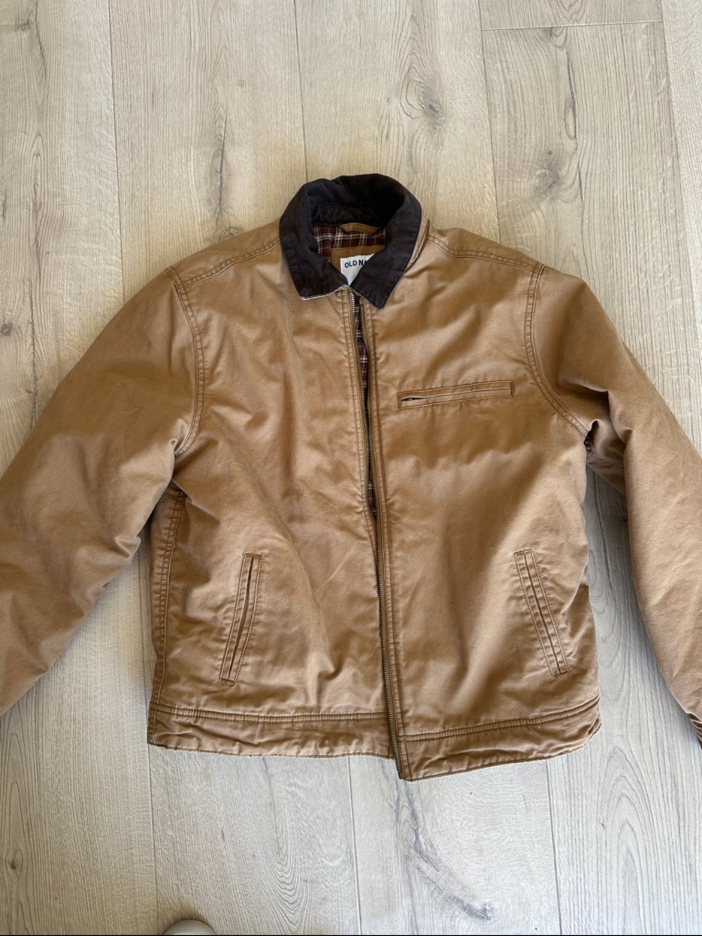 Old Navy Men's Tan Bomber Jacket with Dark Brown Collar